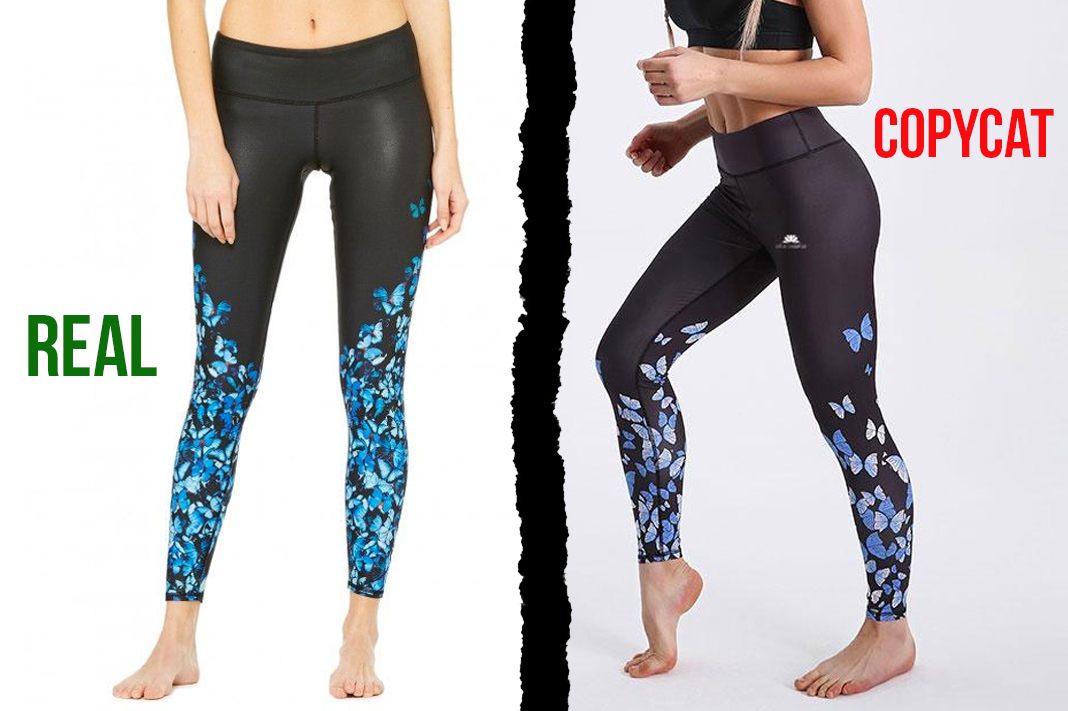 alo yoga vs lotus leggings blue butterfly print tights counterfeit copycat activewear