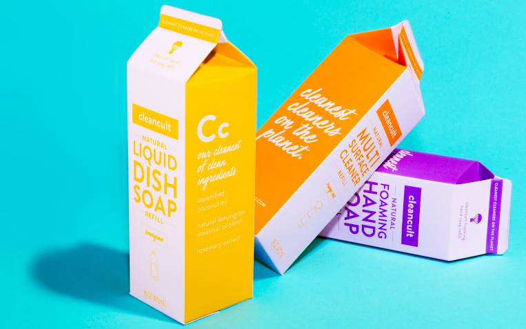 cleancult refill househole products in compostable paper milk cartons