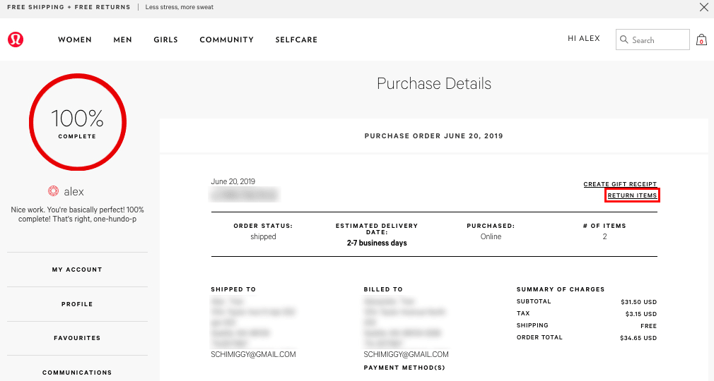 lululemon order details page to find return option