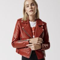 mackage baya crop moto jacket in red front