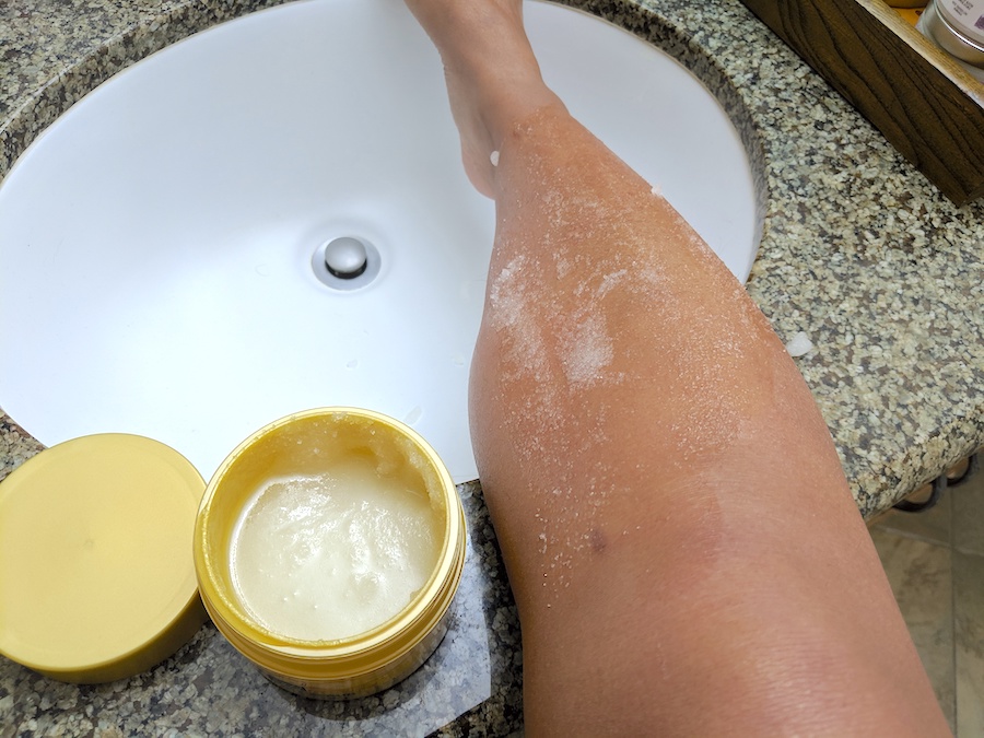 sugar scrub exfoliating dry leg and foot skin