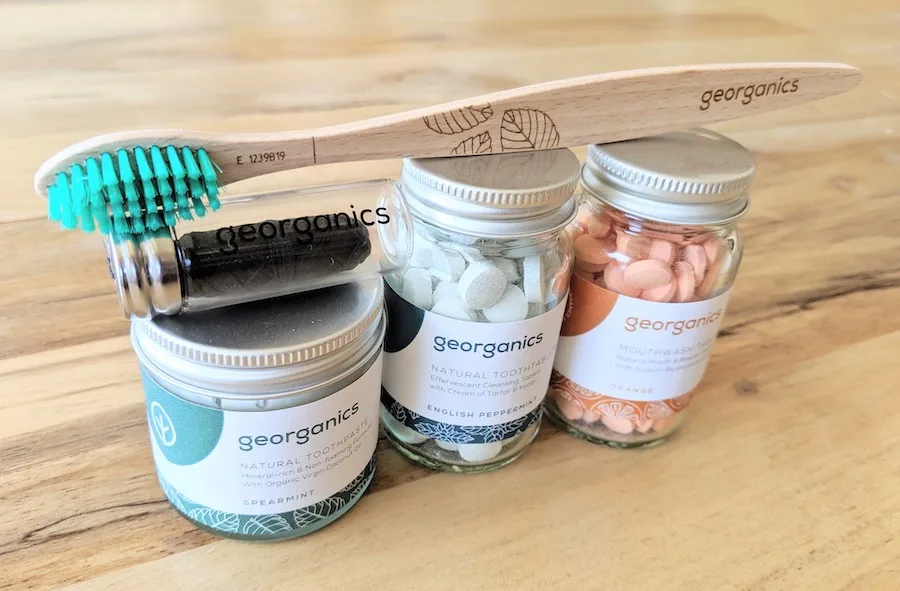 georganics toothpaste mouthwash toothbrush tooth tablets and floss eco-friendly and sustainable dental care
