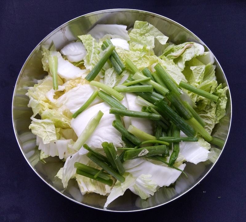 kimchi recipe add sliced green onions into large bowl with napa cabbage