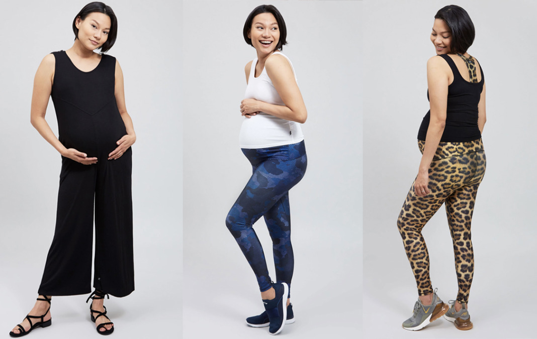 terez maternity leggings and jumpsuit in leopard and camo blue