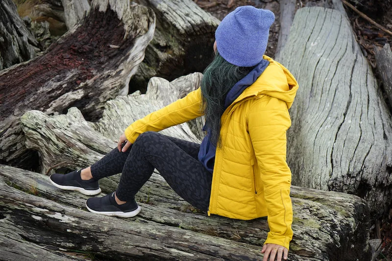 lululemon in movement tight review sitting on wood in vashon island