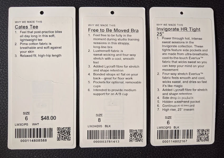 authentic lululemon product hang tags