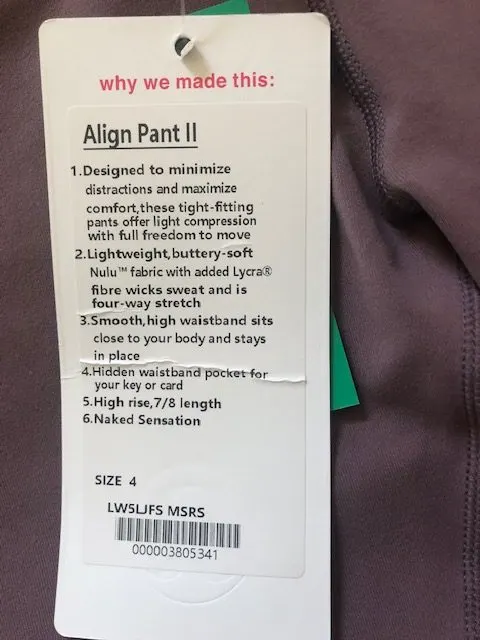 fake lululemon align pants hang tag