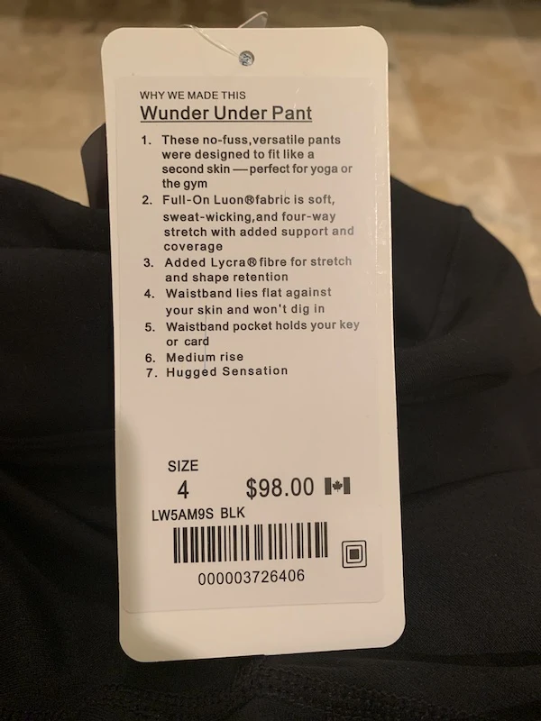 fake lululemon wunder under pant WUP hang tags