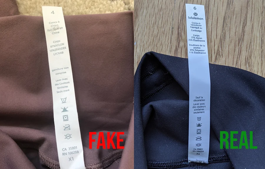 lululemon back of rip tag fake versus real