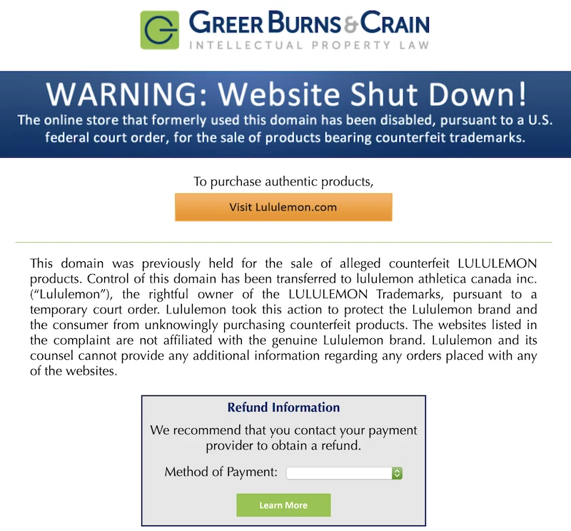 lululemon counterfeit website shut down