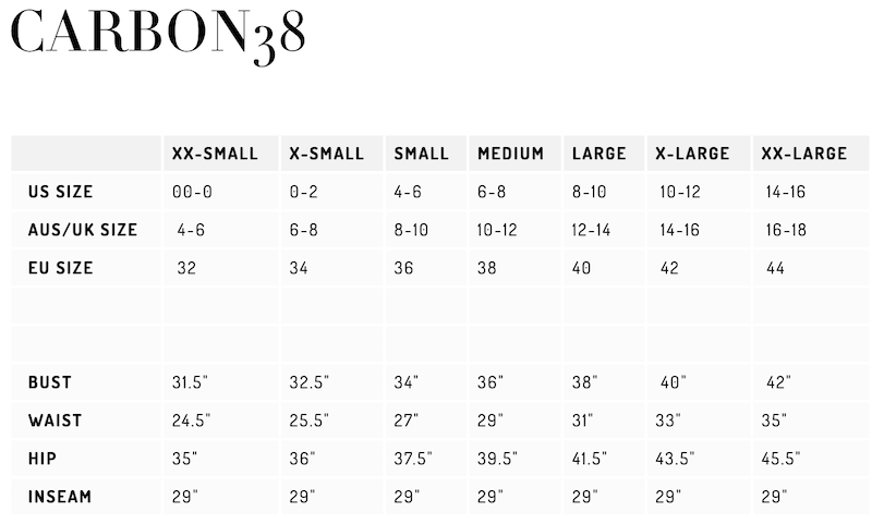 carbon38 size chart 2020