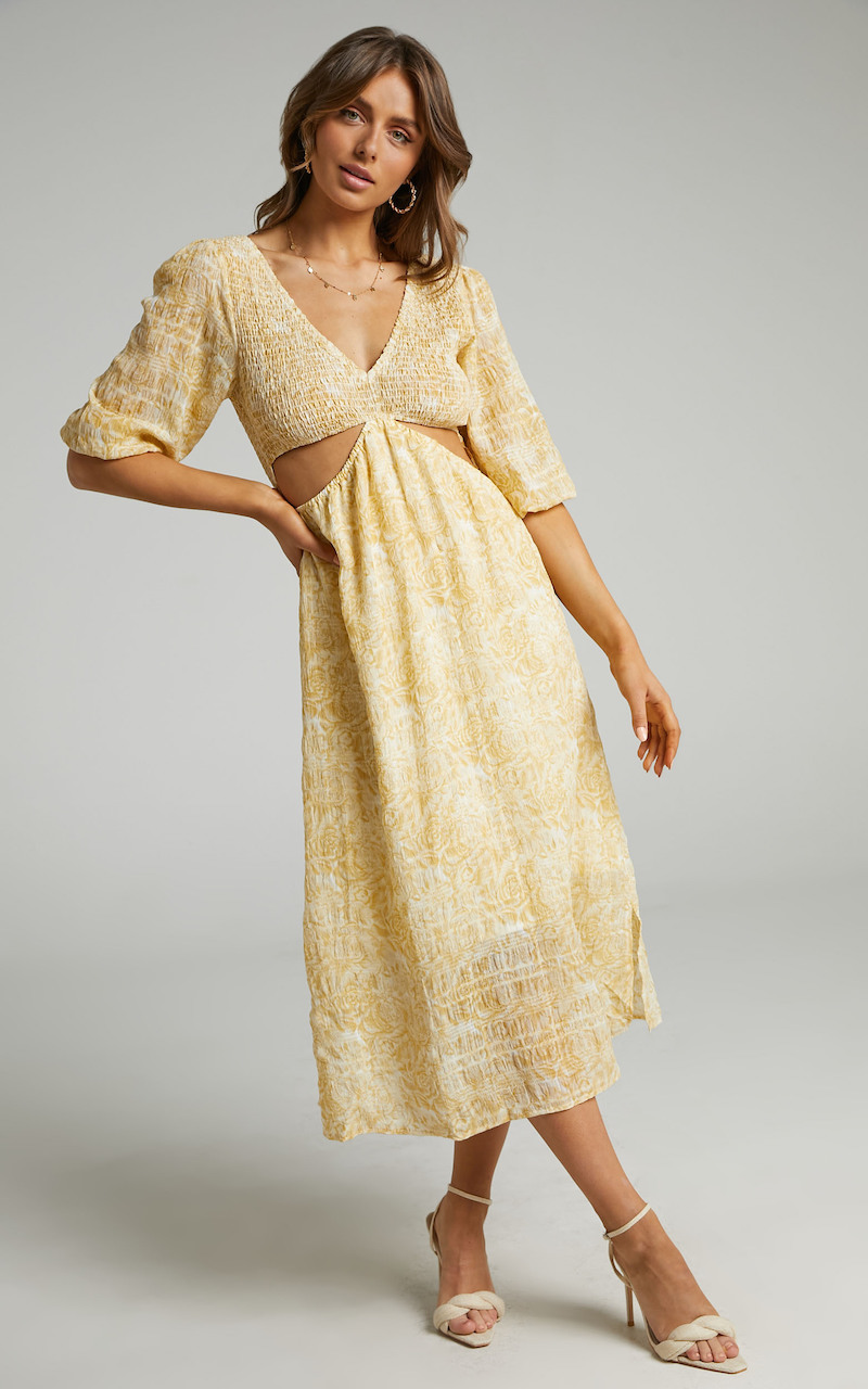 Showpo Abigail Midi Dress in Yellow Floral