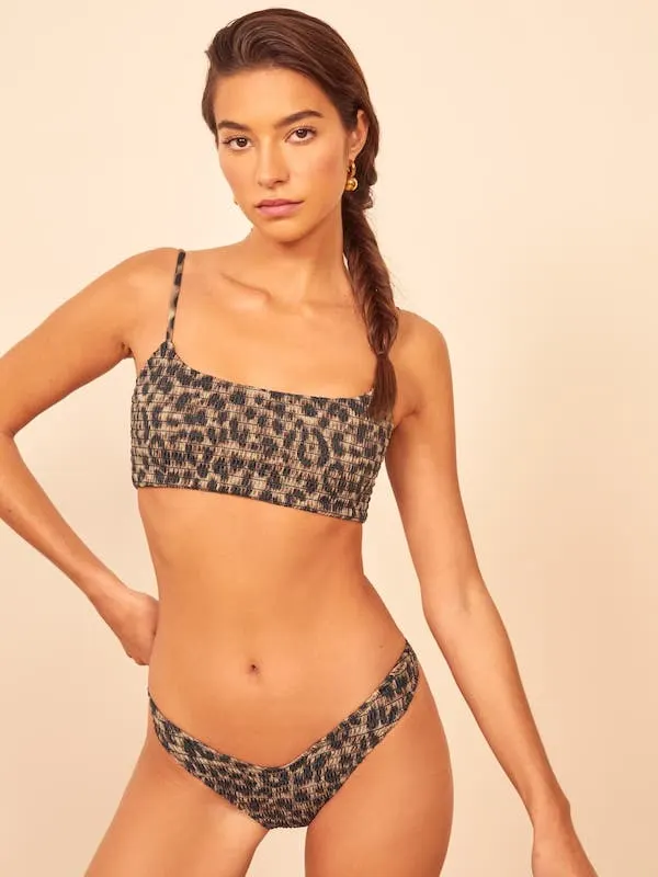 reformation leopard ruched bikini sustainable swimwear