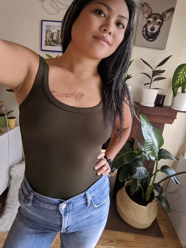 Kitty Gains Riley Bodysuit Olive Green with jeans