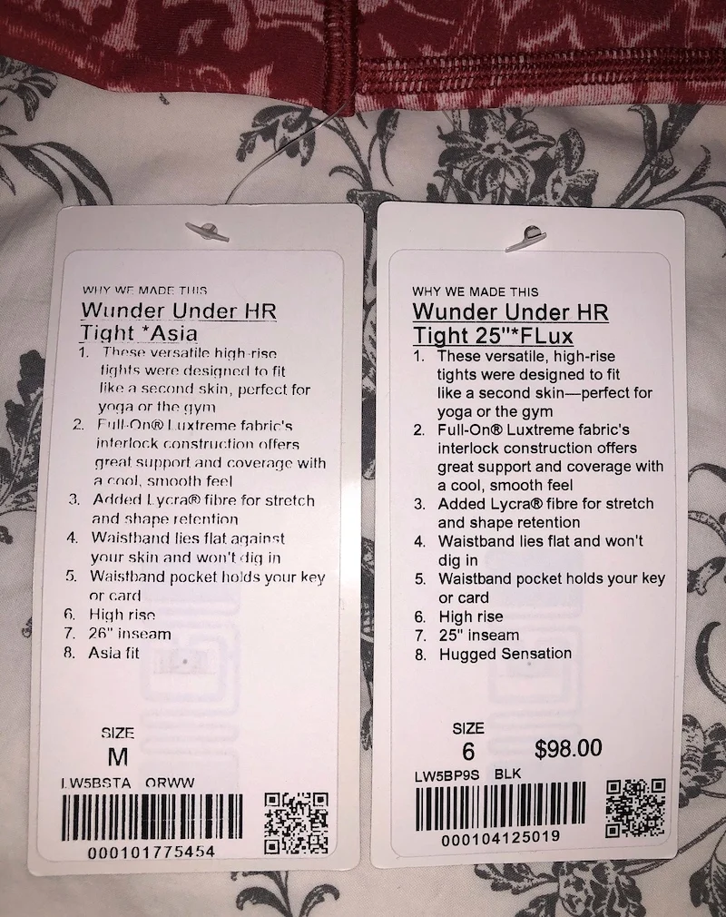 lululemon Asia Fit Tag vs Normal US Tag