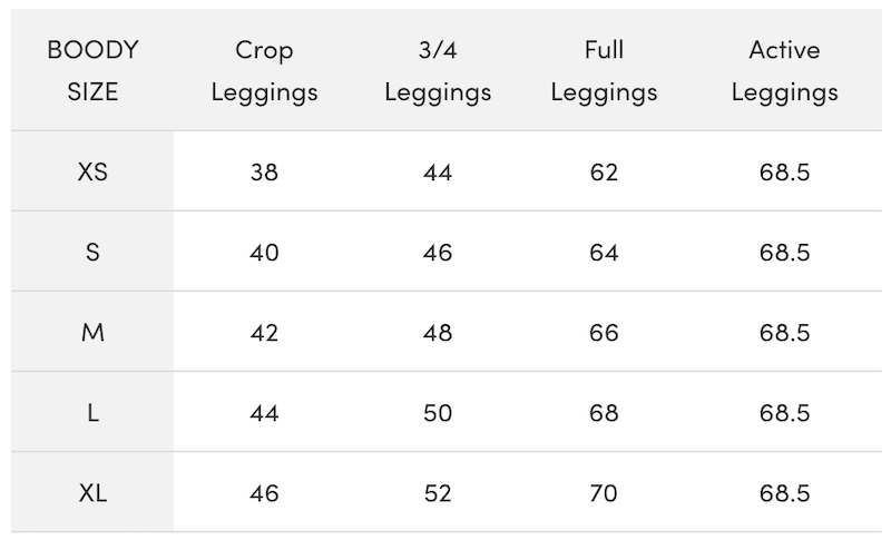 Boody Inseam Measurement Chart for Leggings