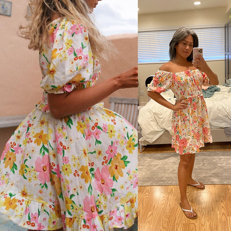 Soulmia try on Frilled Off Shoulder Floral Print Resort Wear Elegant Mini A Line Dress