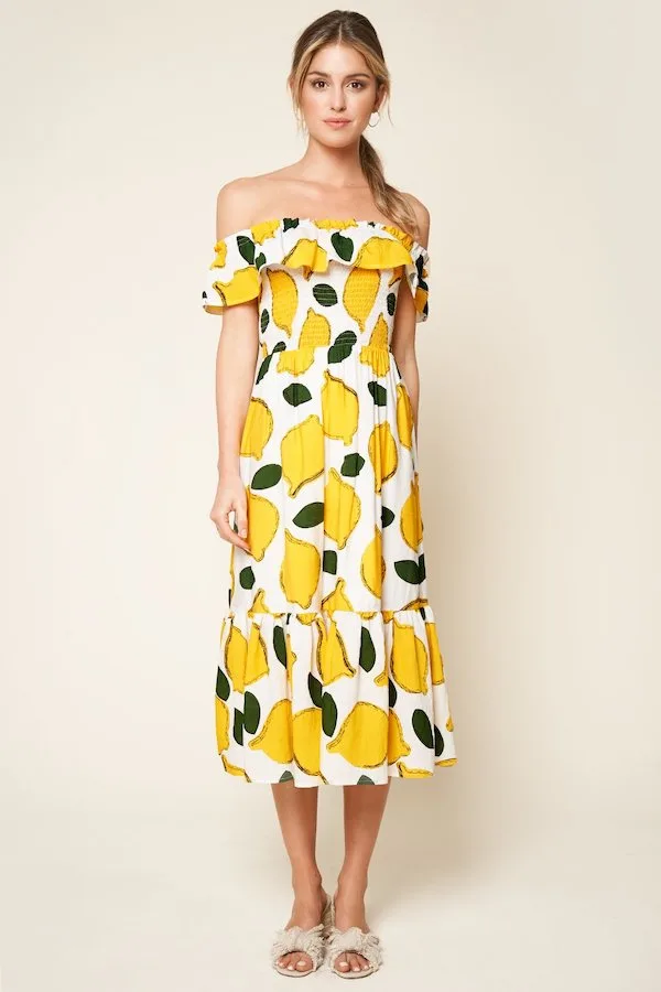 sugarlips Pucker Up White Lemon Print Off The Shoulder Maxi Dress
