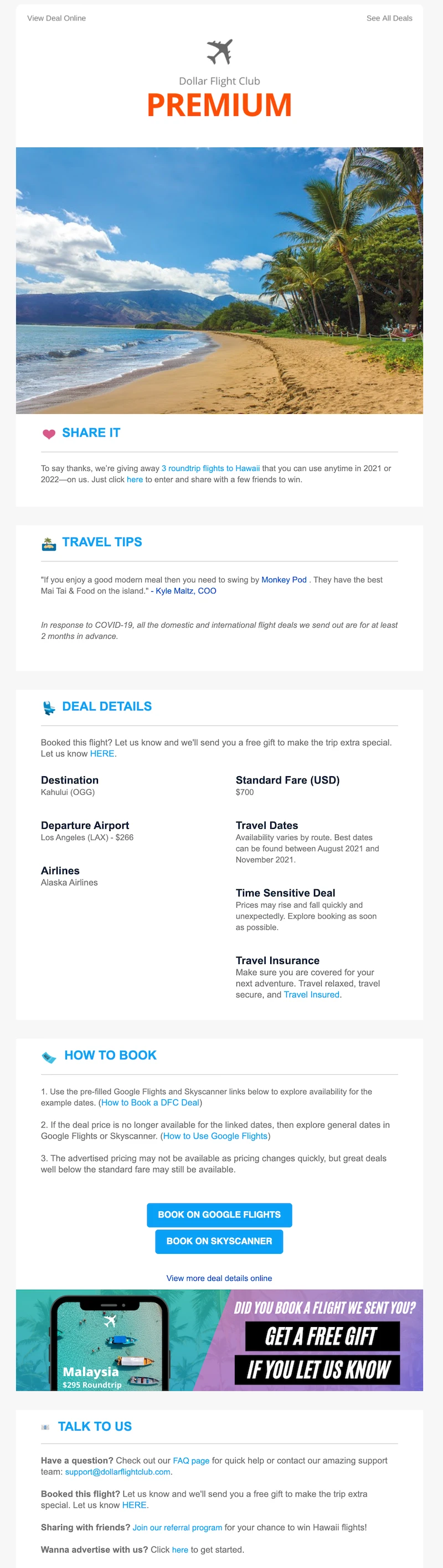 Dollar Flight Deal Premium E-mail Sample Flight Deal to Hawaii