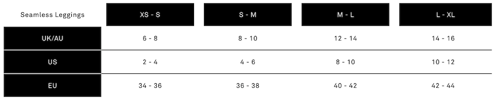 LNDR Seamless Leggings Size Chart