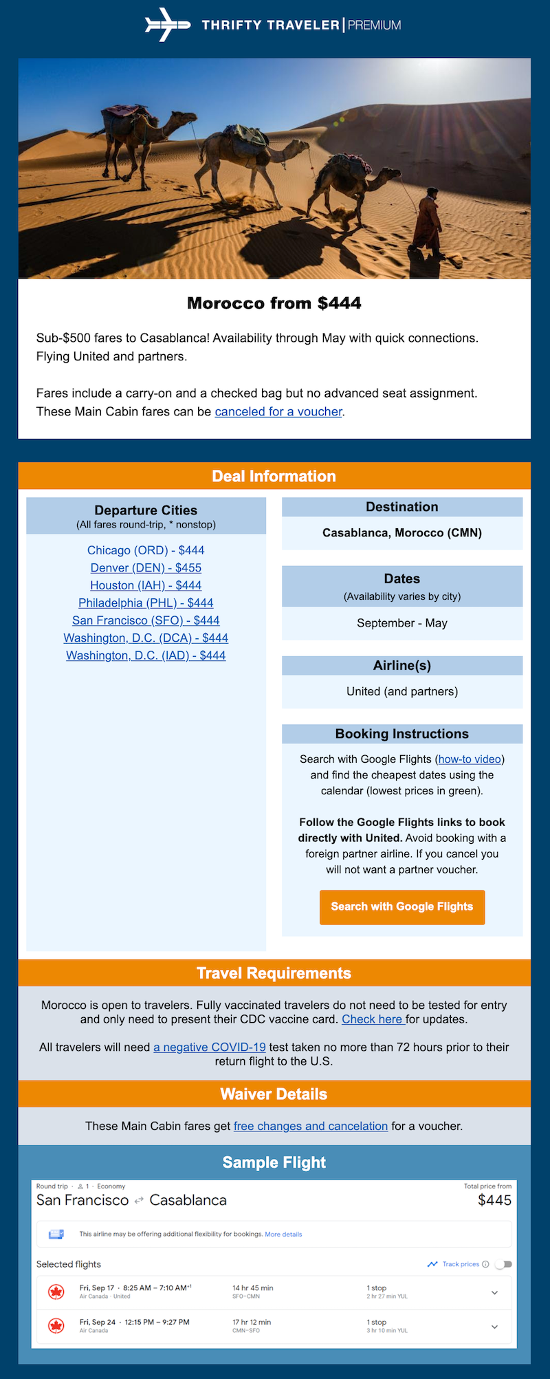 Thrifty Traveler flight deal e-mail example Morocco