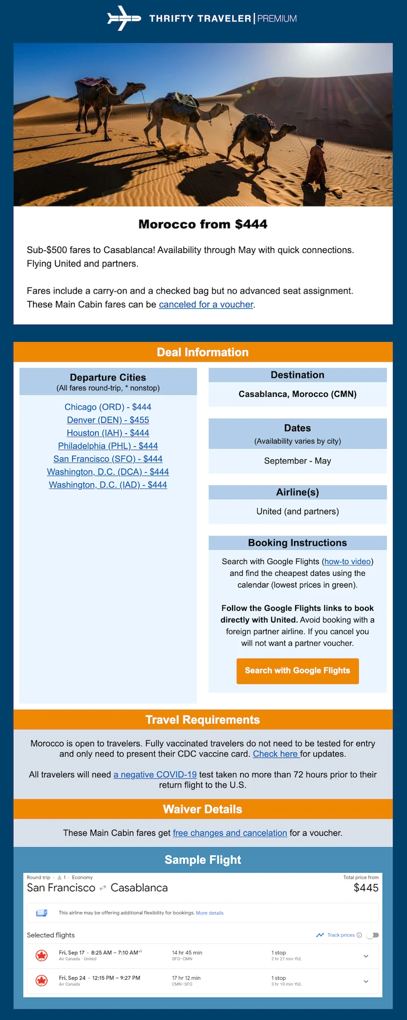 Thrifty Traveler flight deal e-mail example Morocco