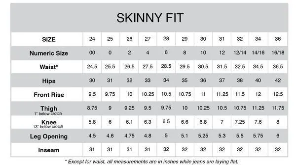Aviator Denim Skinny Jeans Size Chart