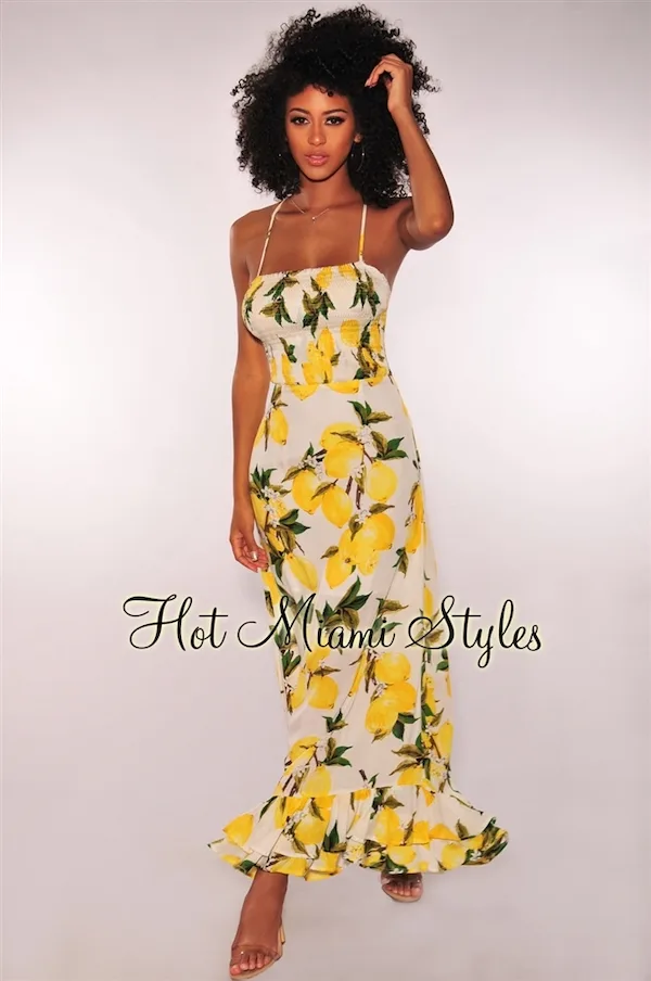Hot Miami Styles Lemon Smocked Strapless Lace Up Back Maxi Dress
