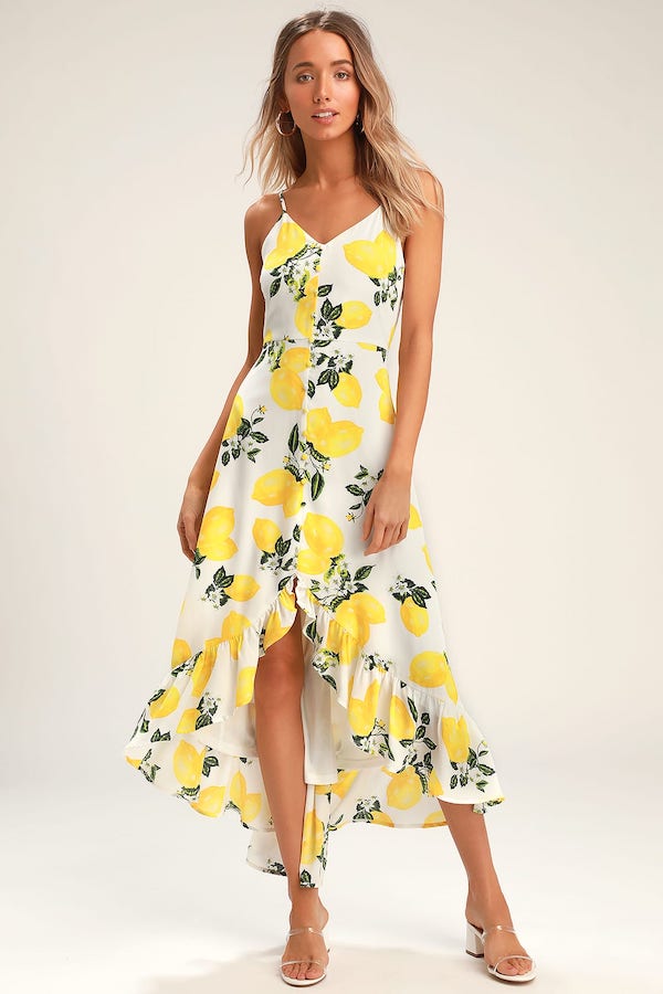 lulus Afternoon Air Yellow Lemon Print High-Low Midi Dress