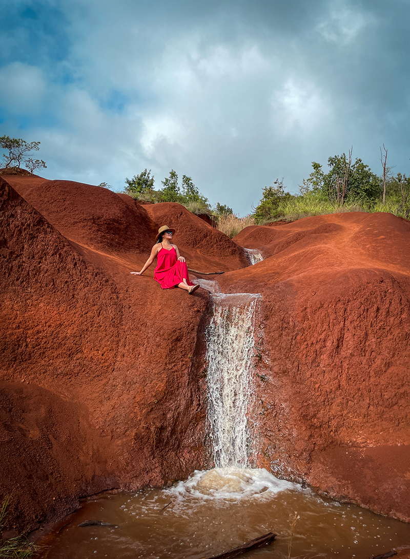 Perrin and Co Ella Dress in Apple Red Dirt Waterfalls Kauai Hawaii