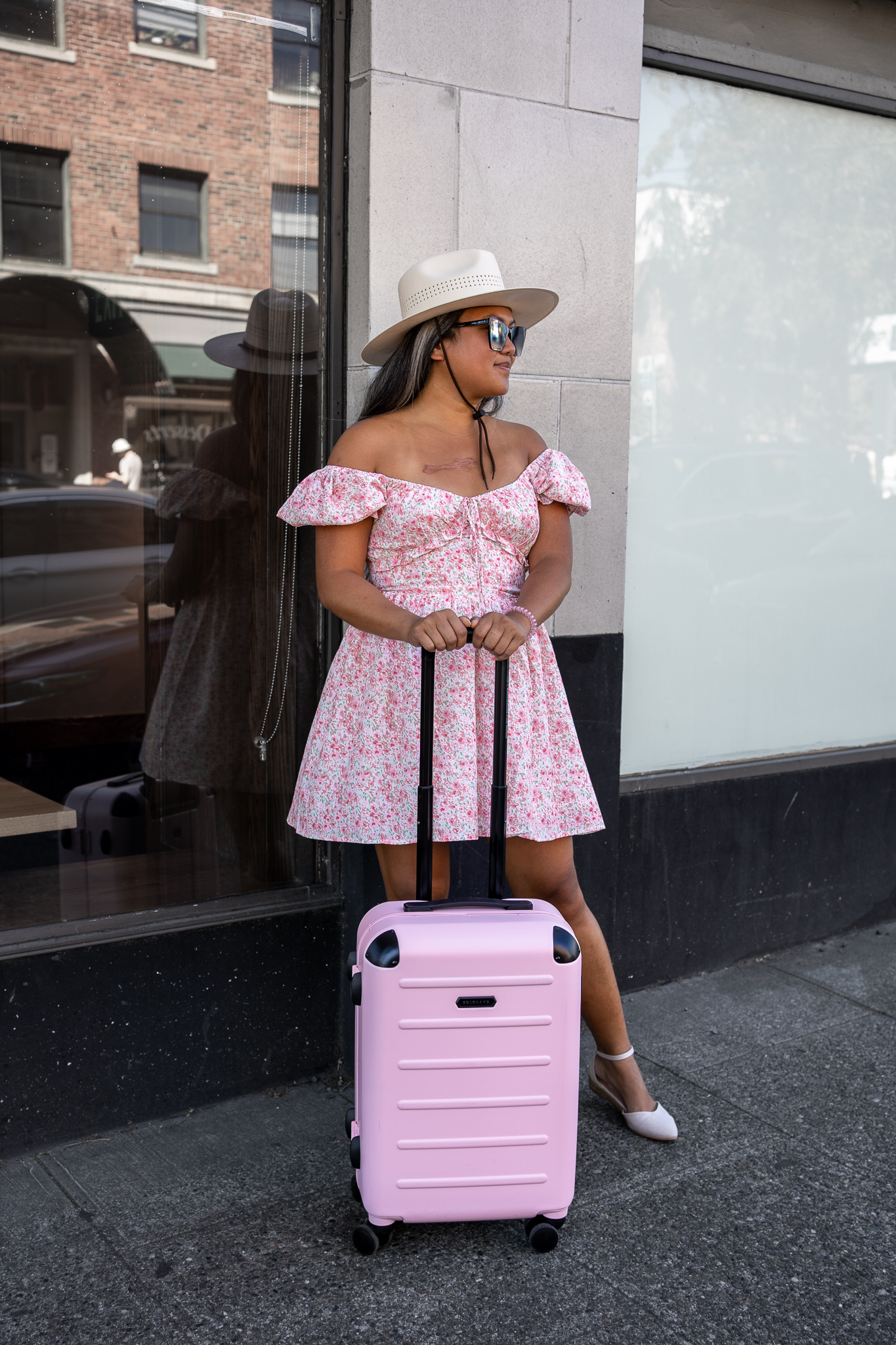 Solgaard Carry On Plus Luggage LAIT Gia Dress Viscata Montroig sandals American Hat Makers Barcelona Hat