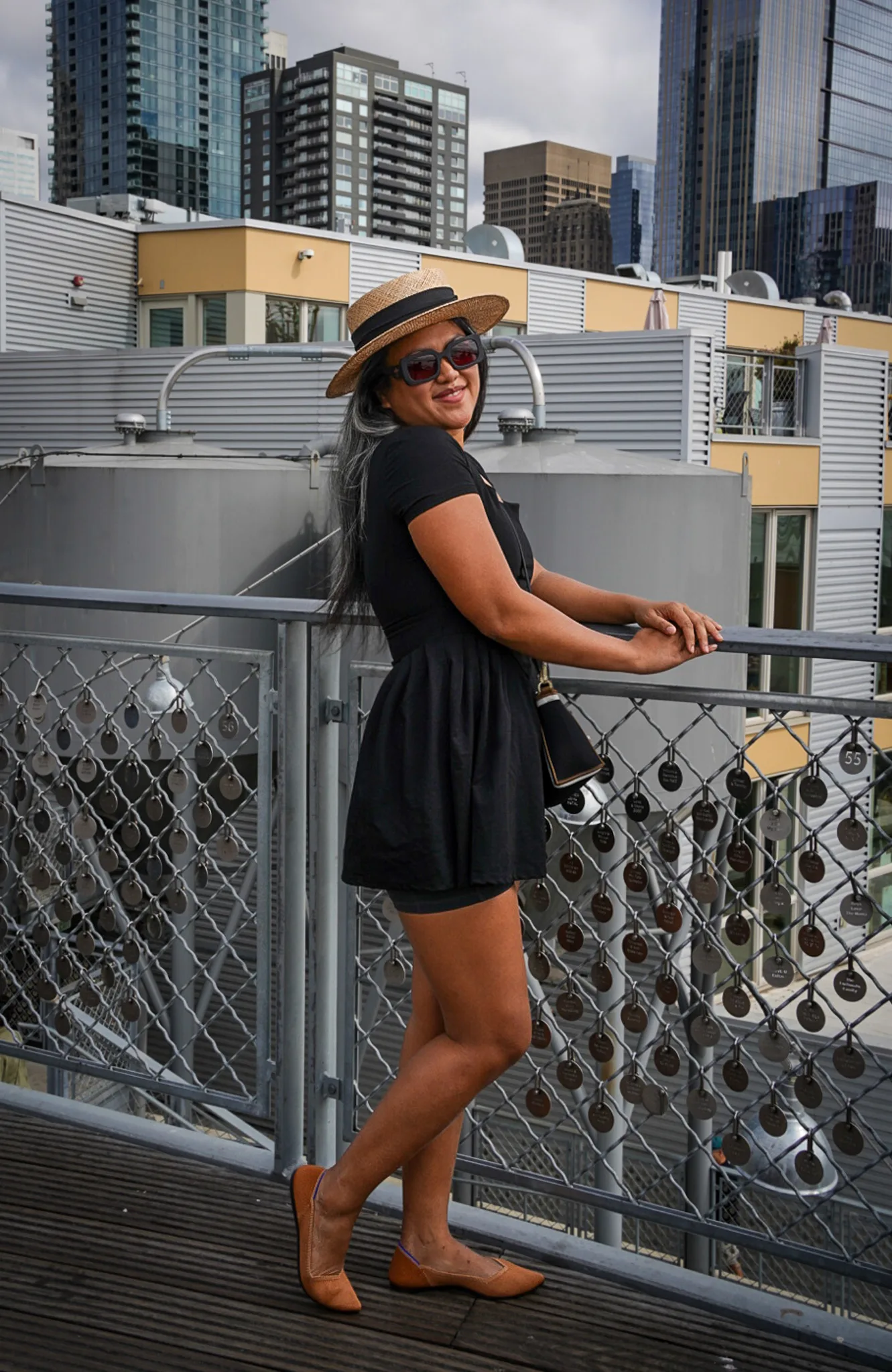 OGL black Tapered Square Neck Mini Dress Rothys Points and mini handbag crossbody in portobello