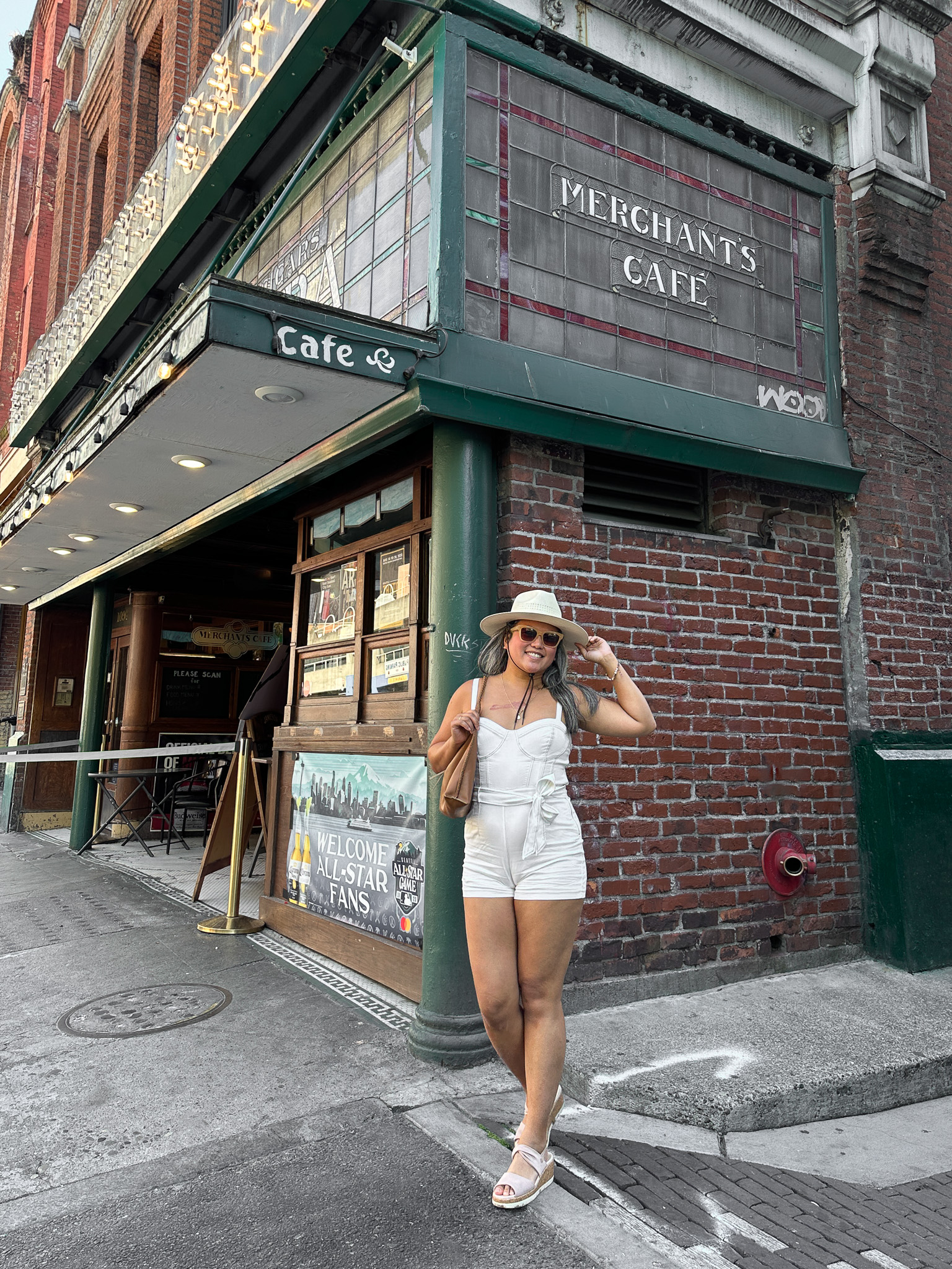 Seattle oldest bar and restaurant Merchants Cafe and Saloon Superdown romper American Hat Makers Bzee platform sandals