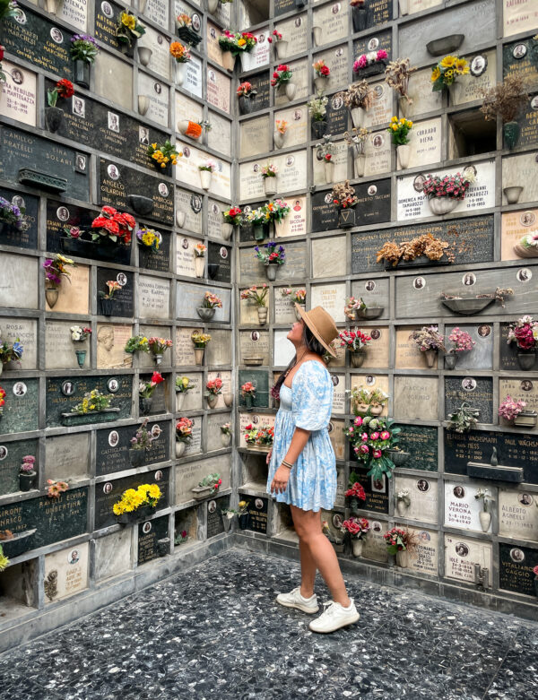 Tomb at Cimiterio Monumentale Milan Italy graveyard Selkie puff Dress Baby Blue Louis Etoile Gigi Pip Hat