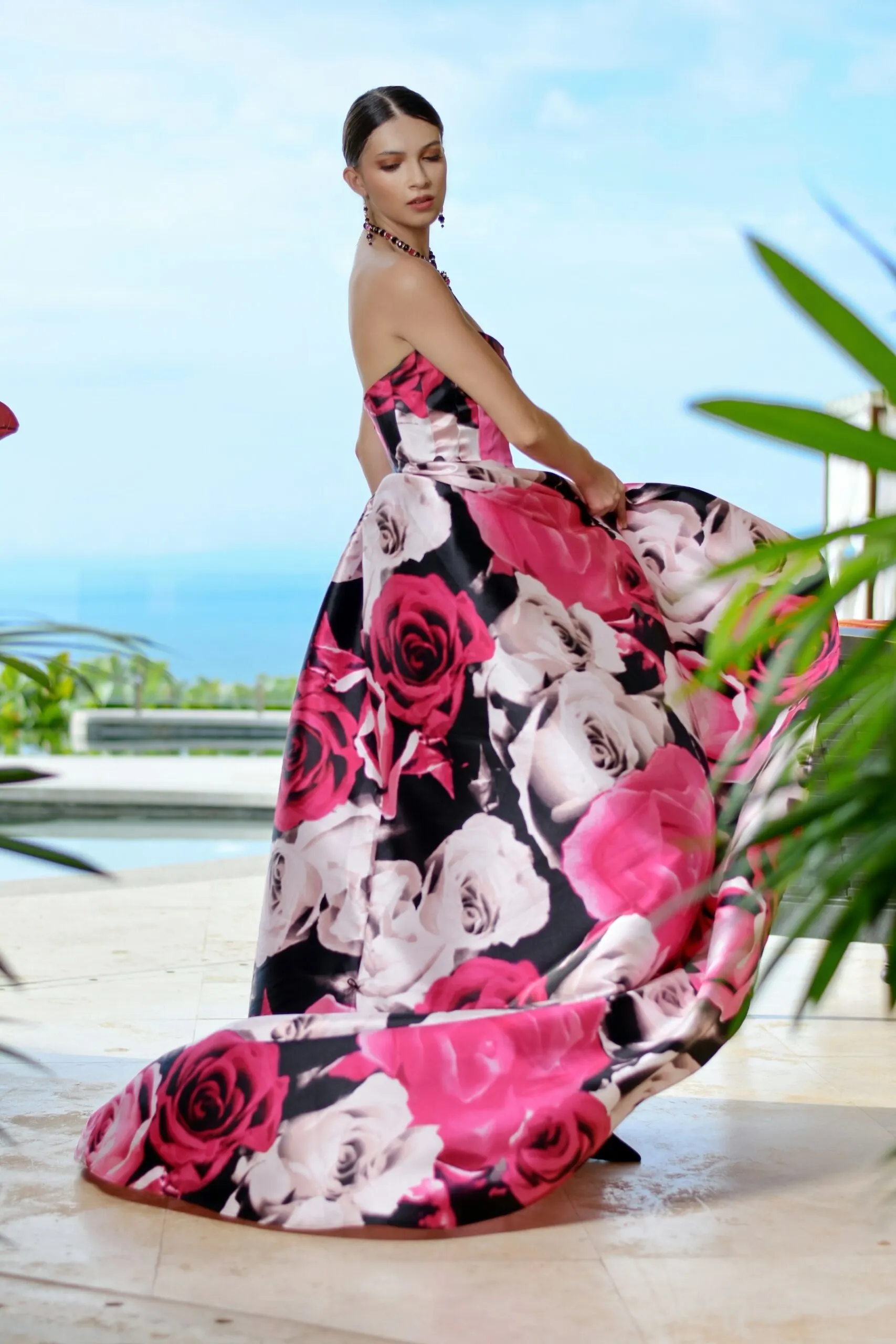 pink floral prom dress