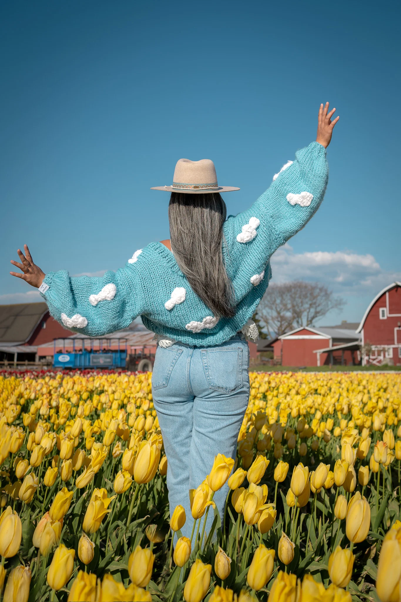 Tulip Town Skagit Valley Cloud Cardigan American Hat Makers Maldives hat Abercrombie jeans
