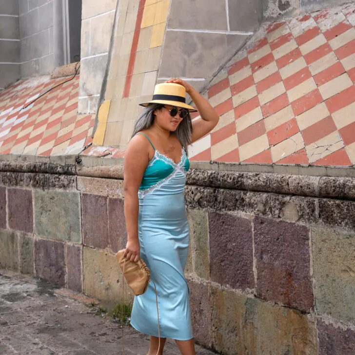 12th Tribe Review Pacific Blue Satin Midi Dress Quince handbag Elegancia Tropical Panama Hat RAYE Salma heel sandals Saint Owen Sunglasses
