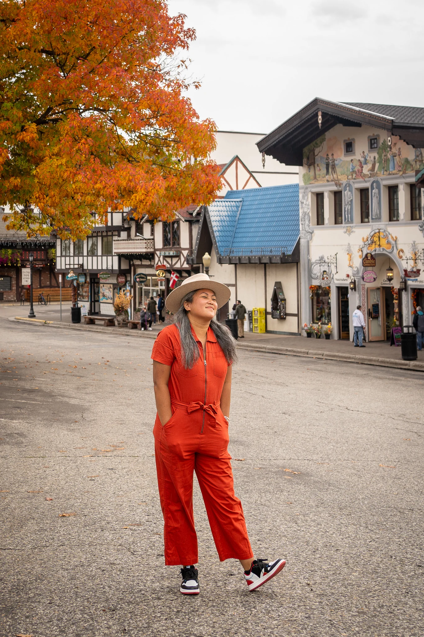 Leavenworth Fall Tree Colors PACT Red Jumpsuit Manta Sneakers American Hat Makers Maldives moon hat