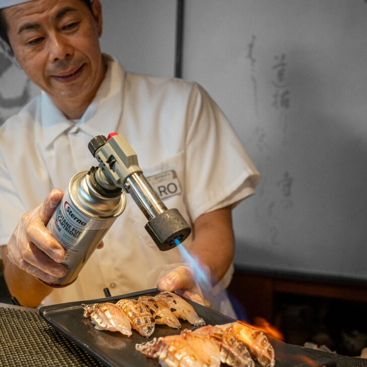 Chef Taro from Shiros Sushi torches Kamasu Japanese Barracuda